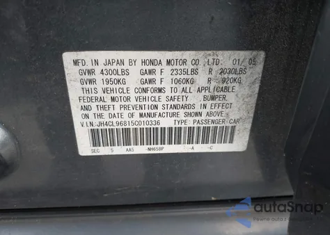 2005 Acura Tsx из США, поврежденный, VIN JH4CL96815C010336